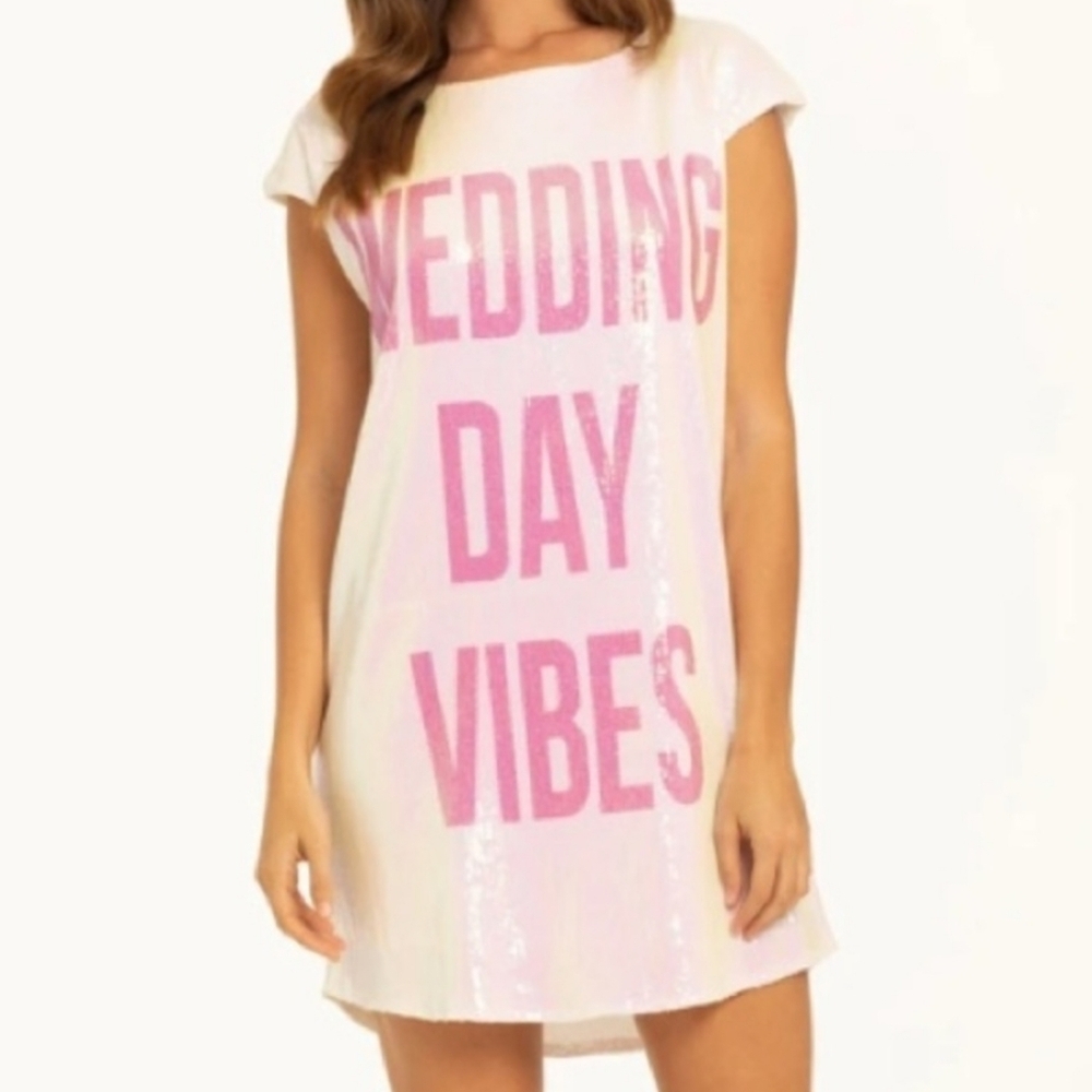 Hayley Paige Occasions pink hologram sequin Wedding Day Vibes mini t shirt dress